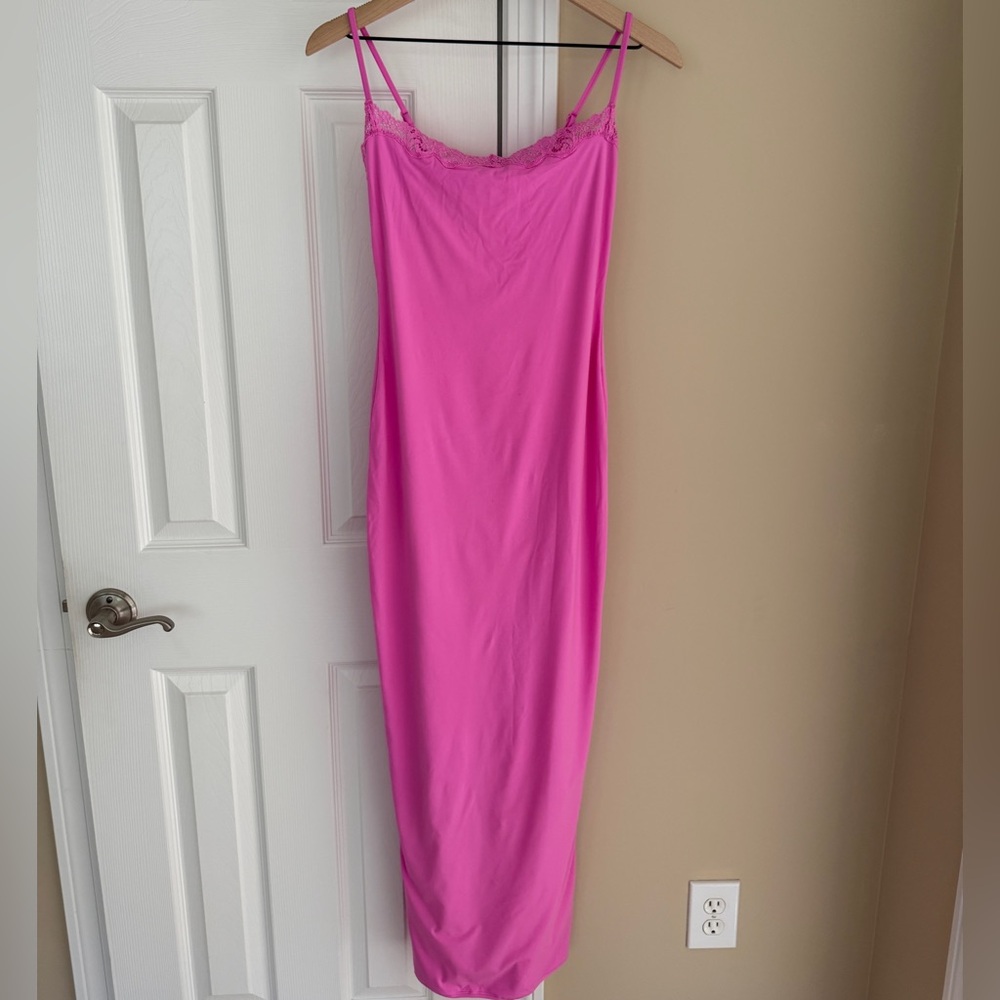 SKIMS Pink Lace Slip Dress